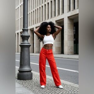 White Crop Top and Red Cargo Pants